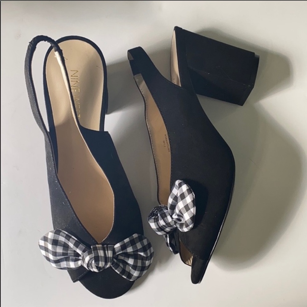NINE WEST BLACK HEELS W/GINGHAM BOWS SIZE 7.5